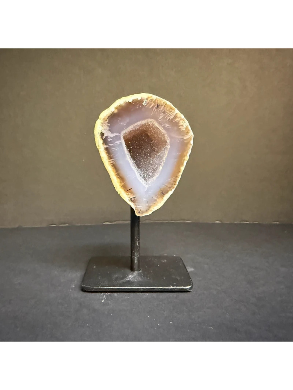 Beautiful Polished Agate Geode Half with Quartz Druzy Center on Metal Stand